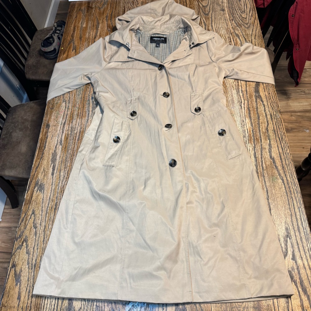London Fog Brown Khaki Trench Coat With Hood Size Large In Great Condition